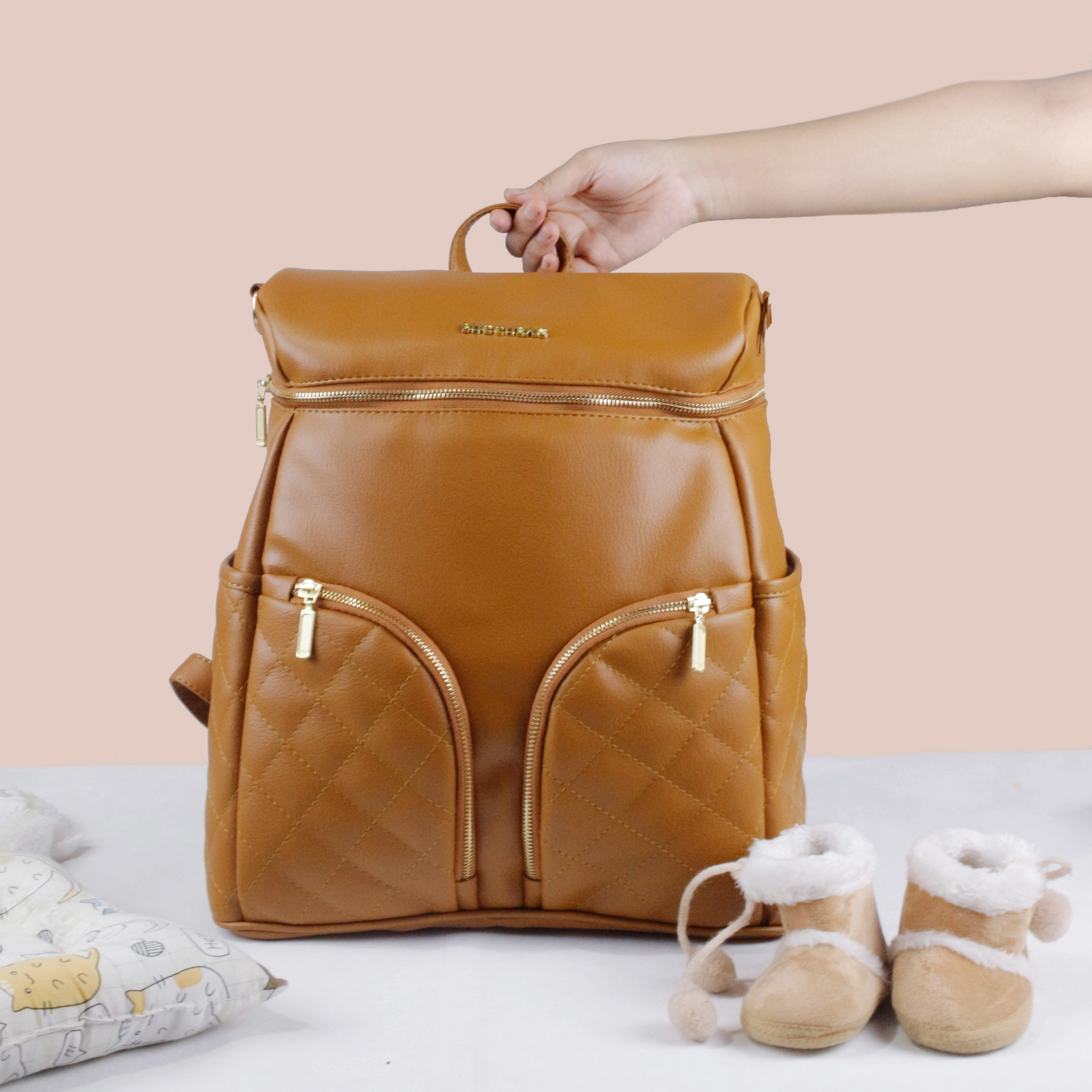 tas perlengkapan bayi besar diaper bag buccubag pop Caramel