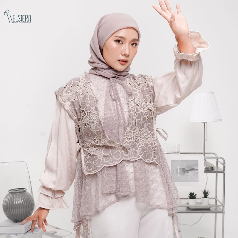 Felicia VEST One Set Only (Vest Bunga Katun Prada & Vest Tile Bordir) - Taupe