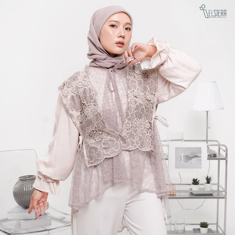 Felicia VEST One Set Only (Vest Bunga Katun Prada & Vest Tile Bordir) - Taupe