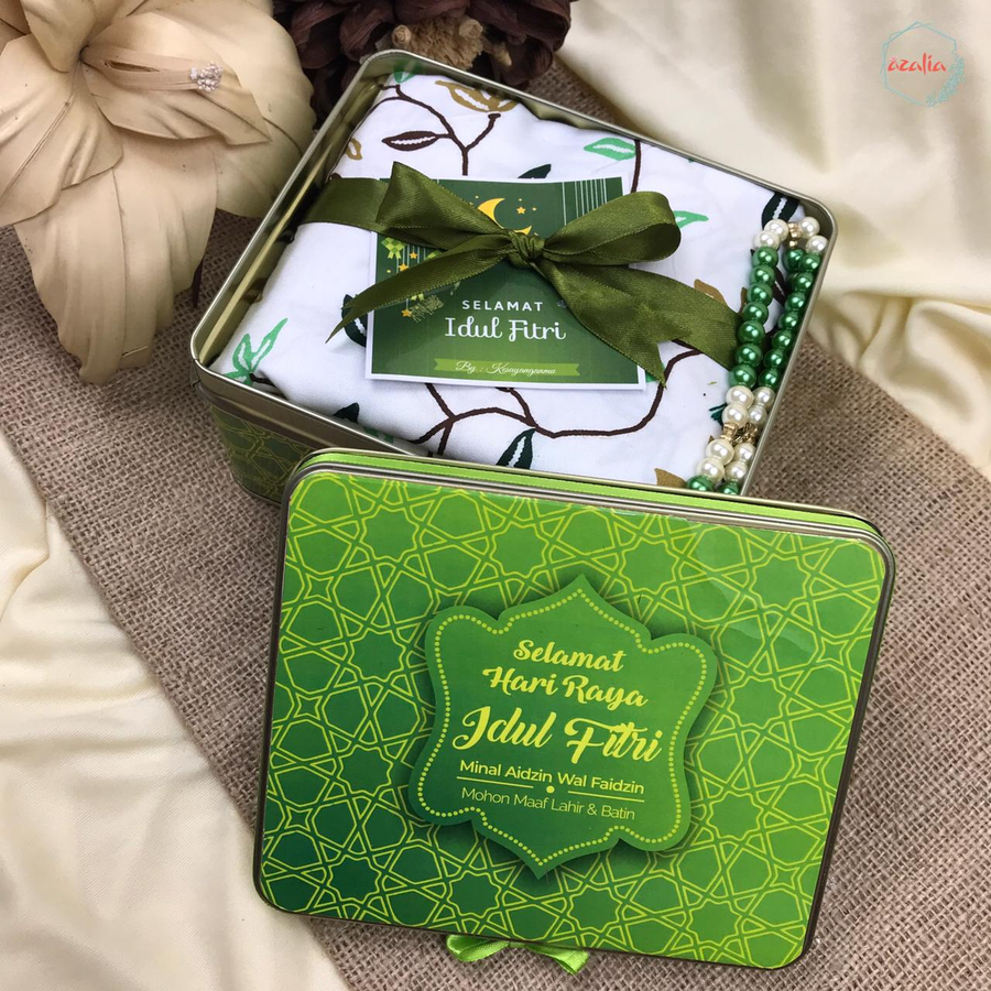 Hampers Gift Box Tin Idul Fitri Isi Mukena Dewasa Tasbih Hampers