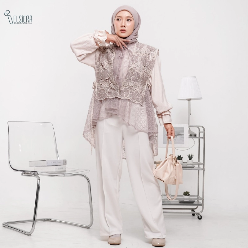Felicia VEST One Set Only (Vest Bunga Katun Prada & Vest Tile Bordir) - Taupe