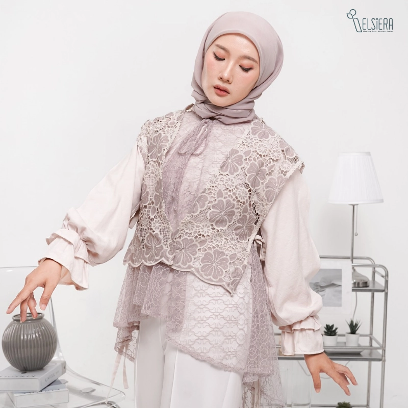 Felicia VEST One Set Only (Vest Bunga Katun Prada & Vest Tile Bordir) - Taupe